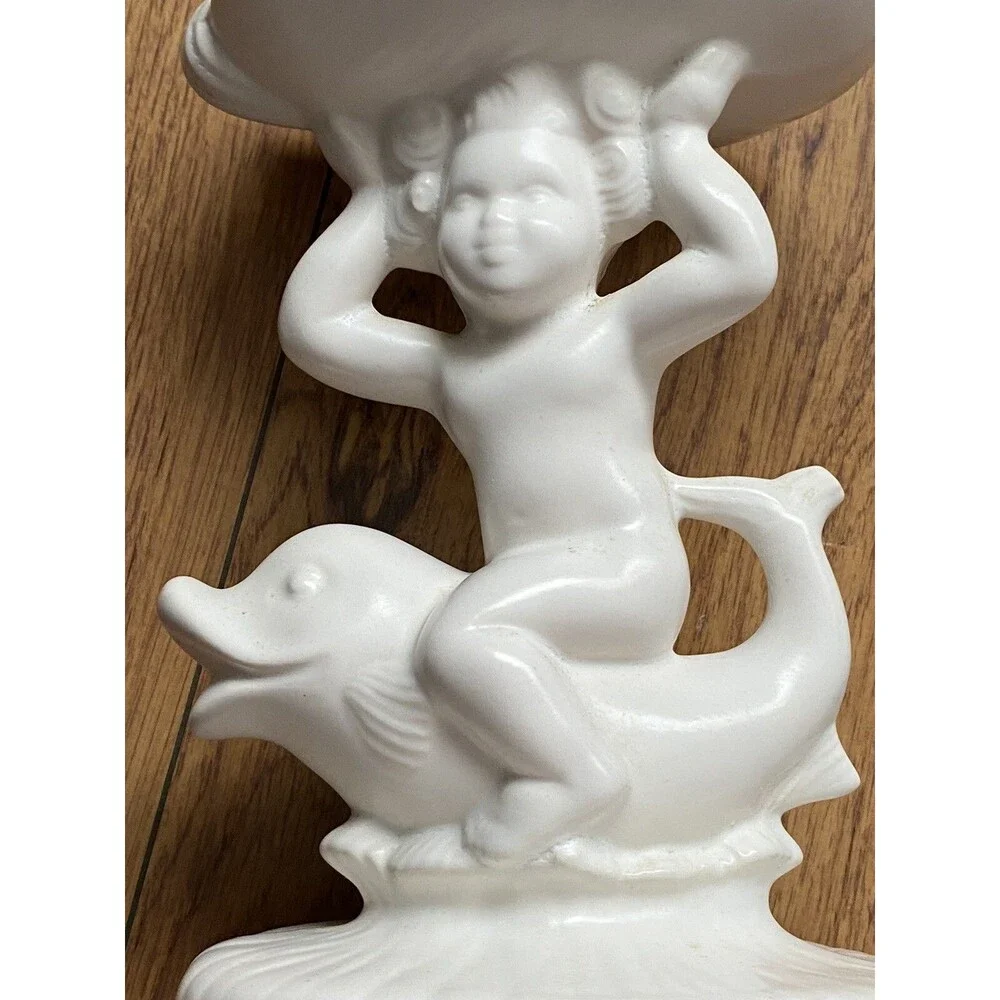 VINTAGE WHITE CHIC CERAMIC CHERUB COMPOTE SOAP DISH SHABBY COTTAGE FARMHOUSE